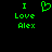 Green pixelated text and heart symbol on black background, with text reading 'I Love Alex' in two identical vertical arrangements.