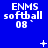 Blue background with white text reading ENMS softball 08 repeated in a , featuring small plus signs and dots as animation elements