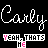 Pixelated white cursive text 'Carly' repeated three times horizontally above a of six rectangular blocks with colored text and smaller 'HE' labels