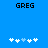 Blue background with black text 'GREG' at top, white and light blue pixelated shapes below arranged in two sequences.