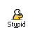 Pixelated yellow figure with white head and red dot on forehead, repeatedly holding a small red object near its mouth against gray background.