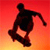Pixelated black silhouette of a person skateboarding against a red-to-orange gradient background with no visible text or additional details.