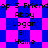 Pixelated text lists names over a blue and pink checkered background with diamond-shaped patterns.