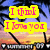 Pixelated image with two yellow text boxes containing pink text over a blurred background of trees and sunset.