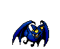 Four pixelated blue bat-like creatures with yellow eyes and open mouths, each in a distinct wing position against a gray background.