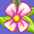 Pixelated flower with pink petals, yellow center, green leaves, and blue background.