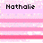 Pixelated text reads 'Nathalie is a Poopy Head' over pink and white striped background with gray rectangle on right.