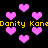 Pixelated pink hearts float against a black background with yellow text repeating 'Donity Kond' in two horizontal bands.