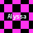 Pixelated pink and black checkered pattern with four instances of the text 'Alyssa' in white pixelated font across different sections of the