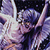 Pixelated figure with raised arms against dark background, wearing purple headpiece and light-colored clothing with purple accents.