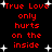 Red pixelated text on black background with white starbursts, repeating 'True Love only hurts on the inside' in two