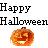 Pixelated text reads 'Happy Halloween' above a carved pumpkin icon with orange and brown tones.