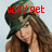 A woman with long brown hair wearing a green camouflage hat, with red text above her head changing across frames.