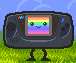 Pixel art of anthropomorphic Game Boy and Game Gear devices with rainbow screens, standing on grass under blue sky.