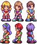 Six pixel-art characters in 8-bit style, each with distinct hair colors and outfits, posed against a solid gray background.
