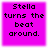 Four identical pixelated text on a bright magenta background with white borders, each displaying "Stella turns the beat around." in black blocky font