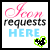 Six variations of a digital graphic with 'Icon requests HERE' text and pixelated heart icons, each using different color schemes for the text and hearts.