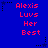 Blue background with red pixelated text reading 'Alexis Luvs Her Best' repeated in a pattern, surrounded by black star and dotted line decorations