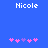 Blue background with white text 'Nicole' at top, pink and purple pixelated flower shapes arranged in two below