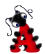 Animated red and black cartoon character with blue eyes, white antennae, and a large letter A on its chest against gray background.
