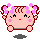 A 4-frame pixel art animation of a pink cartoon character with flower headband, showing different hand gestures and expressions against gray background.
