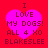 Red background with four identical pink heart-shaped icons containing text about loving dogs and Blakeslee.