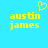 Yellow pixelated text 'austin james' on bright blue background with yellow heart symbol above left text block.