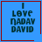 Blue square with red border contains text "I LOVE NADAV DAVID" in dark green pixelated font, four variations show different corner symbols.