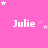 Pink background with white text 'Julie' repeated in a pattern, surrounded by small white and pink stars