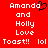 Red background with white pixelated text and a black heart symbol, displaying two identical side-by-side layouts of names and phrases.
