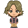 Pixel art character with light brown hair, green eyes, and a pink jacket over dark shirt and beige pants in six sequential expressions.