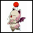 Pixelated anime-style character with red eyes and a floating red sphere above its head, next to stylized text on black background.
