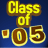 Blue background with yellow 'Class of' text above brown '05' numerals, each numeral outlined in white and bordered by a small orange square.