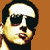 repeated pixelated faces with sunglasses on a brown background, featuring text fragments and one gray