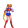 Animated sequence of a character in blue sailor uniform with red boots and yellow hair, performing actions including standing, walking, bowing, and emitting golden energy waves.