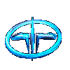 Animated blue and white abstract symbol with flowing loops, rotating through multiple orientations against a gray background.
