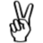 Black and white pixelated hand icon with index and middle fingers extended in a peace sign gesture, thumb tucked, and ring and pinky fingers curled against a white background.