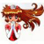 Pixelated cartoon character with long brown hair, wearing a brown hat and red dress, holding a red object.