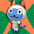 Pixelated blue creature with large white eyes and black pupils, wearing a white and pastel-colored outfit, standing against an orange background with green foliage.