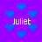 Purple background with scattered blue heart shapes and four instances of the text 'Juliet' in white pixelated font.