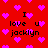 Red background with scattered pink hearts and repeated text "I love u jacklyn" in black pixelated font.