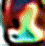 A pixelated abstract shape with shifting green, red, and blue hues, featuring two small circular blue eyes and a curved mouth-like form.