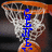 A basketball hoop with a net and an orange ball, featuring blue text overlays that change across frames.