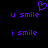 Purple pixelated text and heart symbol on black background, with 'u smile' and 'i smile' in two