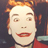 Pixelated close-up of a character with light skin, orange hair styled upward, and red lips in a wide smile against dark background.