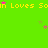 Green background with yellow text repeating 'San Loves' and scattered pink and brown stars.