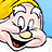 Pixelated cartoon character with yellow hair, large white eyes, and a wide open mouth showing red tongue and black interior.