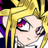 Animated sequence of a character with long blonde hair and purple eyes, showing changing facial expressions against a dark background.