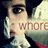 Pixelated image of a character with light skin, dark hair, and large eyes, wearing a white ruffled collar, with the word 'WHORE' overlaid in brown text.