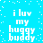 Pixelated blue background with white text reading "i luv my huggy buddy" in four identical quadrants, scattered white dots resembling snow or stars.